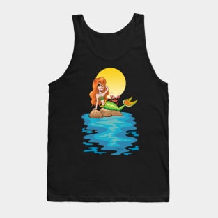 Mermaid Relaxes on Rocks with Crab Tank Top